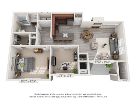 Floor plan for 1 bed, 1 bath, 996 sqft